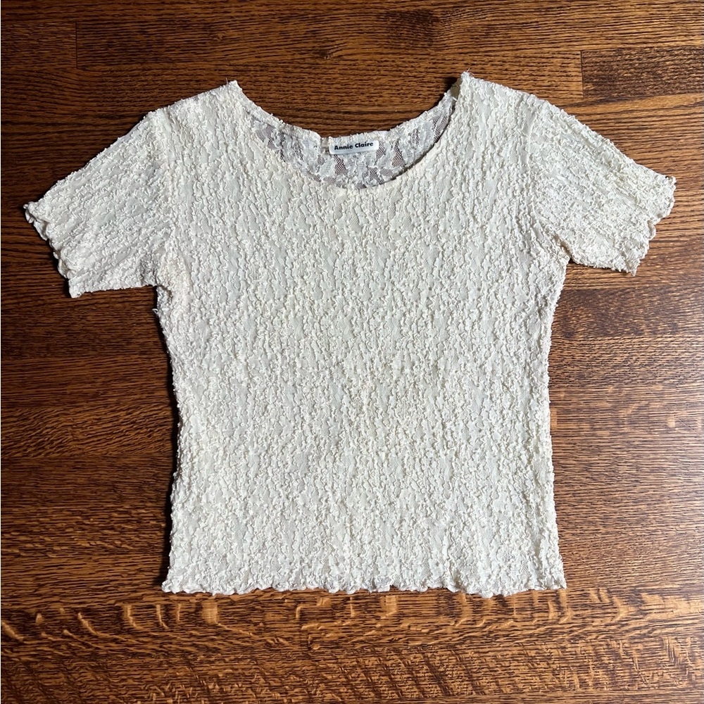 Textured Mesh Top, Pearly White Crinkle Lace